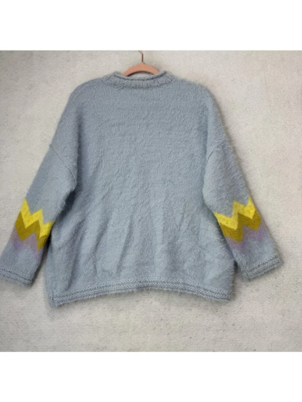 Free People Sweater Womens XS Blue Lemon Graphic Mock Neck Fuzzy Knit Pullover